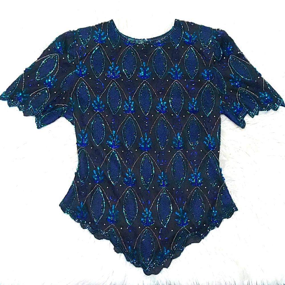 Laurence Kazar Silk Beaded Sequin Top